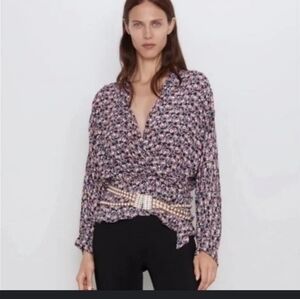 ZARA Womens Floral Print Faux Wrap Surplice Dolman Sleeve Top Sz XS Long Sleeve